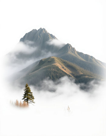 Mountain landscape with a pine tree on a foggy day.