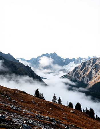 Beautiful mountain landscape with fog and clouds. Caucasus, Georgia.の写真素材