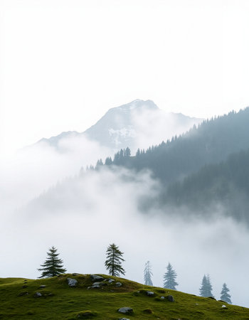 Foggy mountains landscape with coniferous forest on hillsideの写真素材
