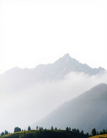 Mountain landscape with fog in the morning. Caucasus Mountains, Georgia.