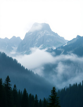 Mountain landscape with clouds and fog in Dolomites, Italy
