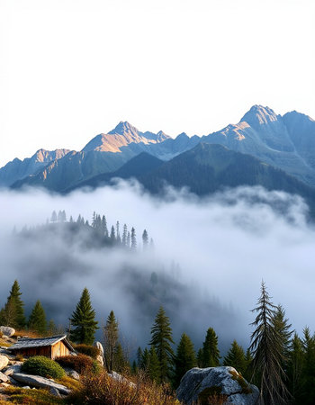 Foggy morning in the Dolomites mountains, Italy.
