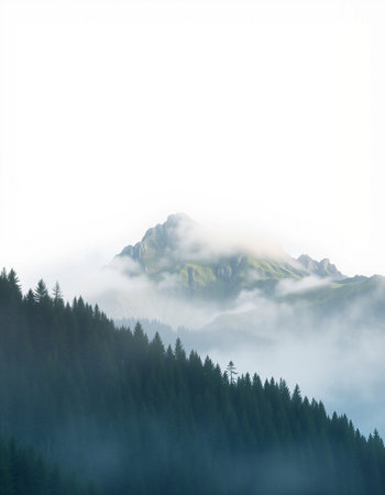 Foggy mountain landscape with coniferous forest and high peaksの写真素材