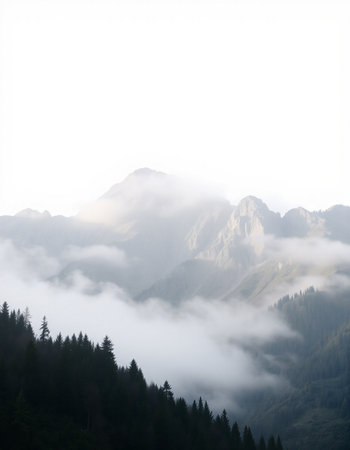 Foggy mountain landscape with coniferous forest in the morningの写真素材