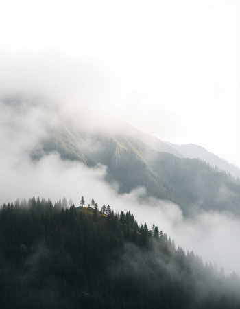 Mountain landscape with coniferous forest on a foggy day