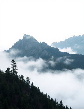 Mountain landscape with fog and coniferous forest in the foreground