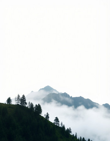 Mountain landscape with clouds and mist on the top of the mountainの写真素材