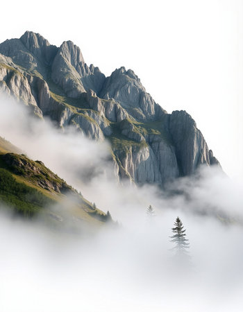 Foggy mountain landscape with fir tree in front of high mountain peaksの写真素材