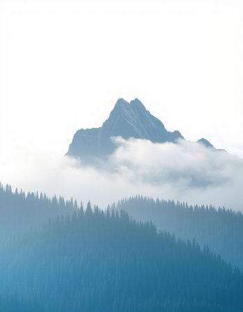 Foggy mountain landscape with fir trees in the foreground and fog in the backgroundの写真素材