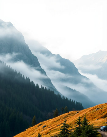 Beautiful mountain landscape with fog in the italian alps.の写真素材