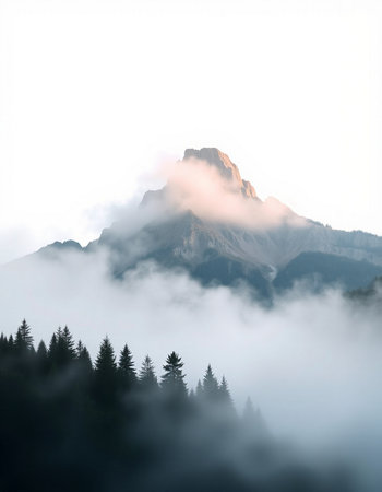 Mountains in the fog at sunrise. Dolomites, Italyの写真素材
