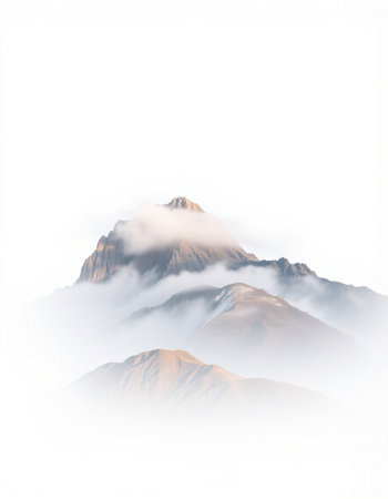 Mountains in the clouds on a white background. Landscape.