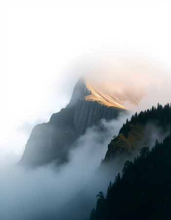 Beautiful mountain landscape with fog in the morning. Alps, Switzerlandの写真素材
