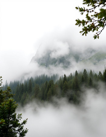 Mountain landscape with fog and coniferous forest in the foregroundの写真素材