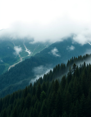 Foggy mountain landscape in the Carpathian Mountains, Ukraineの写真素材