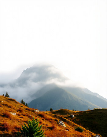 Mountain landscape with coniferous forest and fog on the slopesの写真素材