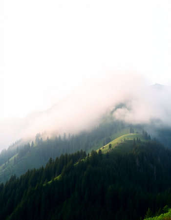 Foggy summer morning in the mountains. Carpathians, Ukraine, Europeの写真素材