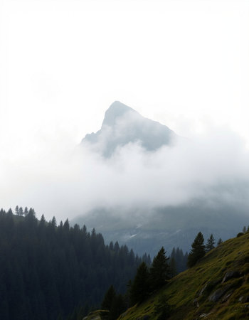 mountain landscape with fog in the italian dolomitesの写真素材