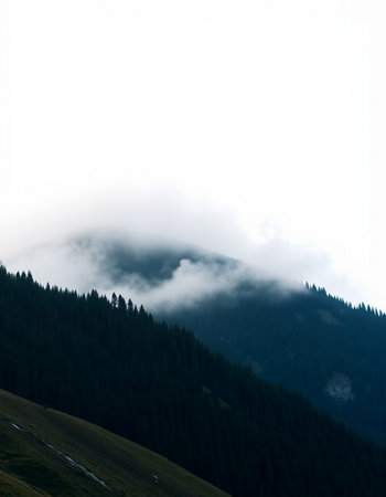 Mountain landscape with fog and clouds.の写真素材