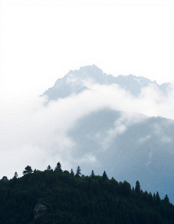 Mountain landscape with fog in the morning. Caucasus Mountains, Georgia.
