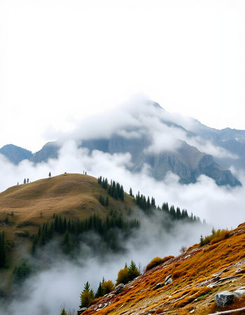 Autumn alpine mountain landscape with fog. Dolomites, Italyの写真素材