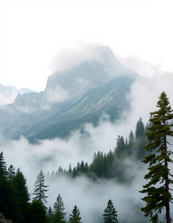 Foggy mountain landscape with coniferous forest and high peaksの写真素材