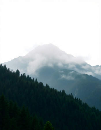 Mountain landscape with forest and fog. Caucasus Mountains, Georgia.