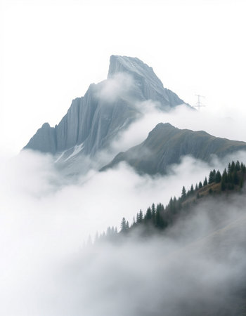 Mountain landscape with fog and cloudsの写真素材