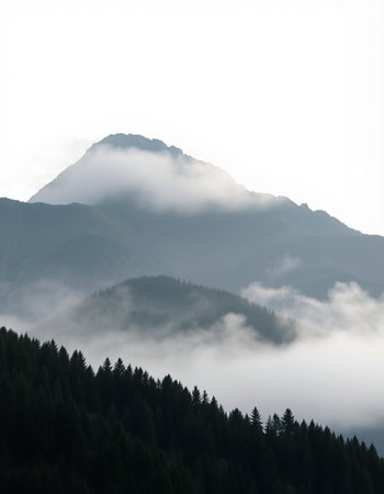 Foggy mountain landscape with foggy coniferous forest.