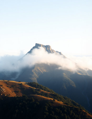 Mountain landscape with fog in the morning.の写真素材