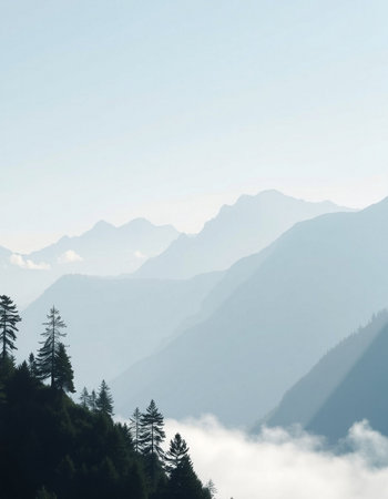 Beautiful mountain landscape with fog and coniferous forest in the foregroundの写真素材