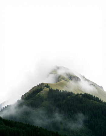 Mountain landscape with fog in the morning. Caucasus Mountains, Georgia.の写真素材