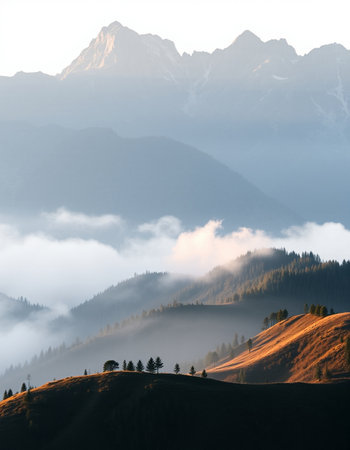 Beautiful mountain landscape with fog in the morning. Dolomites, Italy
