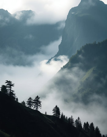 Mountain landscape with coniferous trees and fog in the foregroundの写真素材