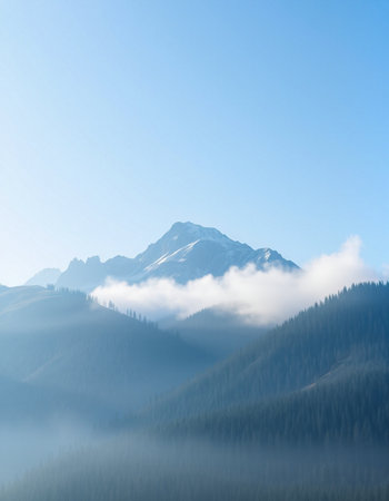 Mountains in the fog. Mountain range in the fog. Blue sky.の写真素材