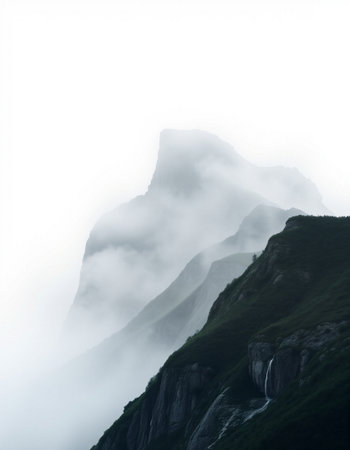 Mountain landscape with fog in the morning, Caucasus, Russia.の写真素材