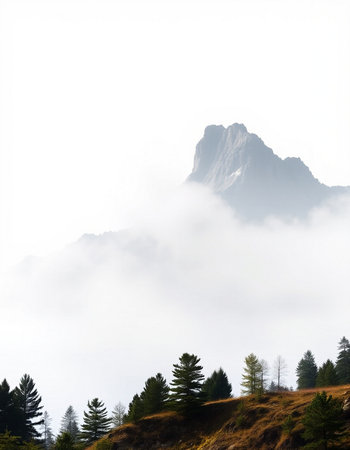 Foggy mountain landscape with pine trees and mountains in the background