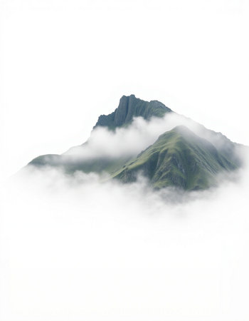 Mountain peak in the clouds, isolated on a white background.