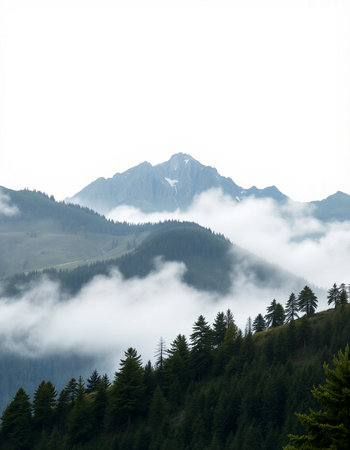 Mountain landscape with fog and coniferous forest in the foreground