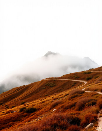 Hiking trail in the mountains on a foggy autumn day.の写真素材