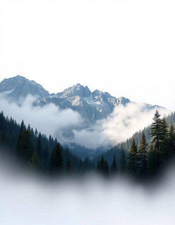 Mountain landscape with fog and coniferous forest in the foregroundの写真素材