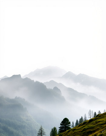 Mountain landscape with fog in the morning. Caucasus Mountains, Georgia.