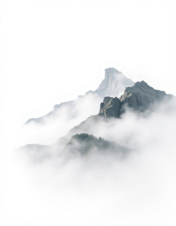 mountain in the fog on a white background, beautiful photo digital pictureの写真素材
