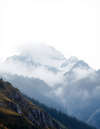 Beautiful mountain landscape with fog in the mountains. Caucasus, Russiaの写真素材