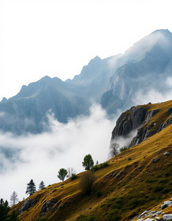 Mountain landscape with fog in the morning. Caucasus, Russia.