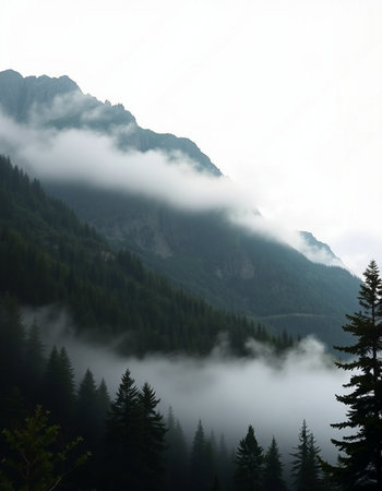 Mountain landscape with fog and coniferous forest in the foreground