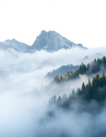 Foggy mountain landscape with coniferous forest in the morningの写真素材