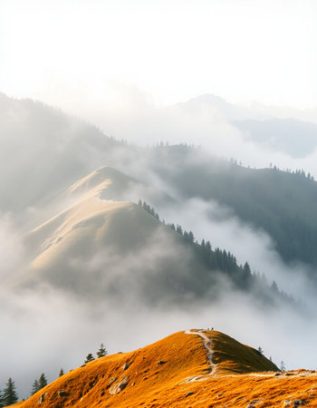Mountain landscape with fog in the morning. Carpathian, Ukraineの写真素材