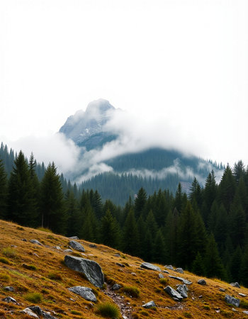 Mountain landscape with high peaks and coniferous forest in fog