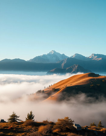 Foggy morning in the swiss alps, Switzerland.の写真素材